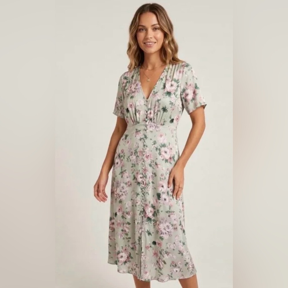 The Kooples NWT Sage Green Floral Print V Neck Short Sleeve Midi Dress